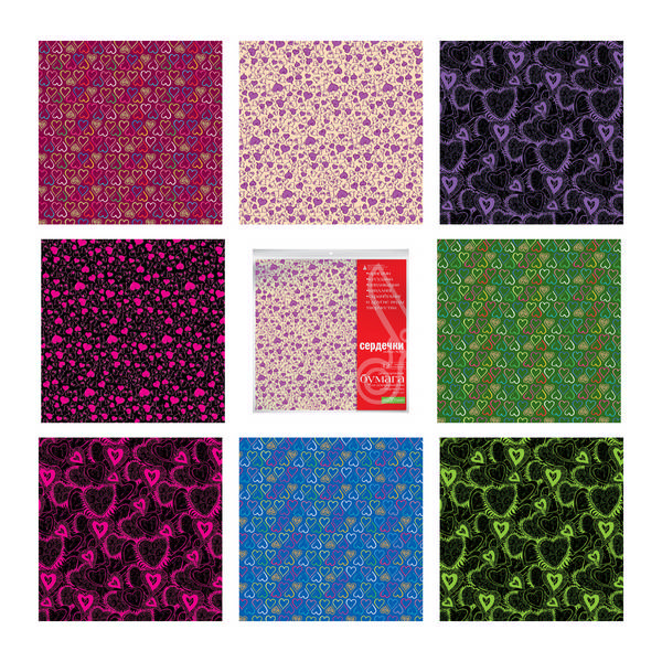 Бумага цветная для декорирования А4+ (290*290мм) 12л "Сердечки" набор№12 2-056/12 Hobby Time