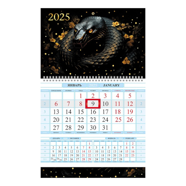 Календарь настен. кварт. 2025г "Год Змеи. Черная змея" 1бл., 1гр., бегун. 1Кв1гр4ц_31697 Hatber