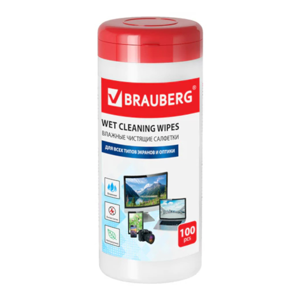 Салфетки чистящие Brauberg "Screen Clean" для мониторов и оптич. поверх. (100шт) туба 510122