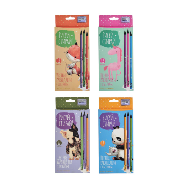 Карандаши 12цв, пластик, 3-гран. "Рисуй и стирай" ластик, точилка, ассорти 30-0120 Bruno Visconti