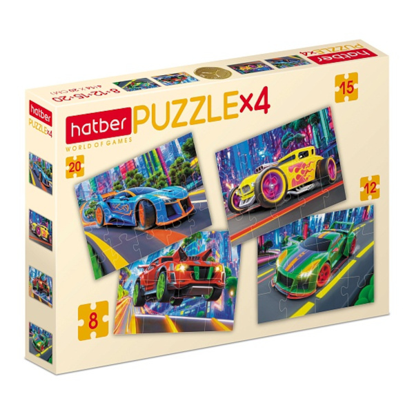 Пазлы 8, 12, 15, 20 элем. дет. "4 в 1. Неоновый драйв" А5 200*140мм ПЗ5_34767 Hatber