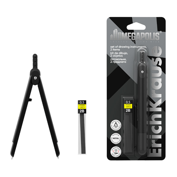 Циркуль Erich Krause "Megapolis" 130мм, металл, блистер, черный +10 грифелей 64792