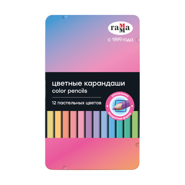 Карандаши 12цв, дерево, 4-гран. "Пастельные" метал.уп. 160720211 Гамма