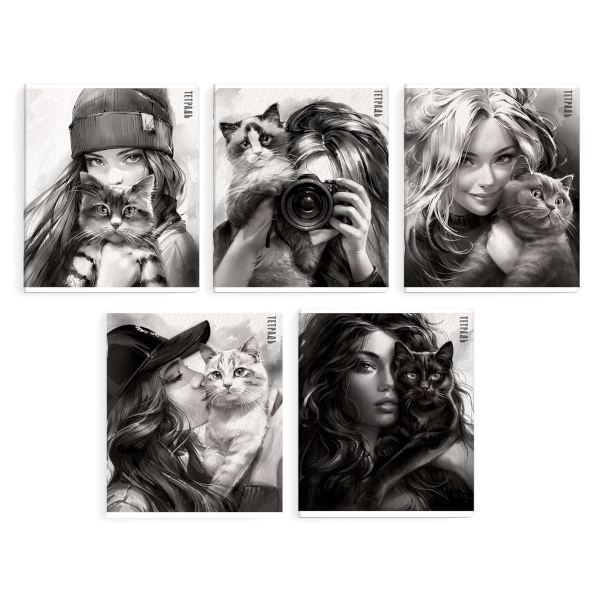 Тетрадь 48л А5+ клетка "Девушка с котом" картон, ассорти 68540 Феникс+