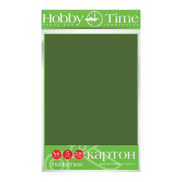 Картон цветной, крашенный в массе, А4, 5л, 220г/м2, т.-зеленый 2-063/06 Hobby Time