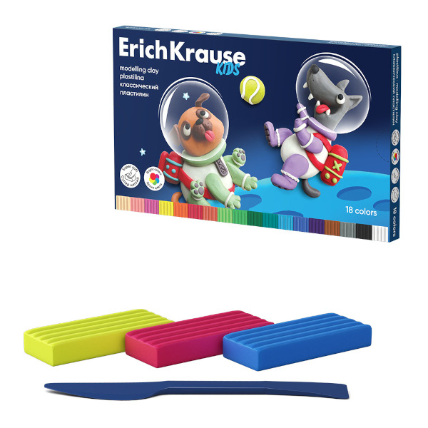 Пластилин Erich Krause "Kids Space Animals" 18цв, 324г, классич., карт.уп., со стеком 61334