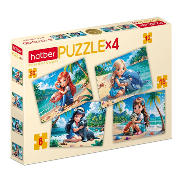 Пазлы 8, 12, 15, 20 элем. дет. "4 в 1. Тропические друзья" А5 200*140мм ПЗ5_34766 Hatber