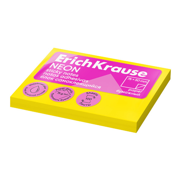 Липкий блок Erich Krause "Neon" 50*75мм, 100л, желтый 61687