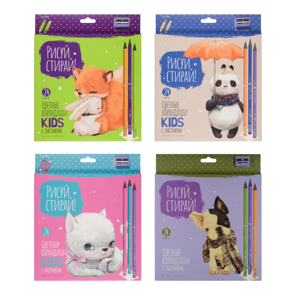 Карандаши 24цв, пластик, 3-гран. "Рисуй и стирай"  ластик, точилка, ассорти 30-0122 Bruno Visconti