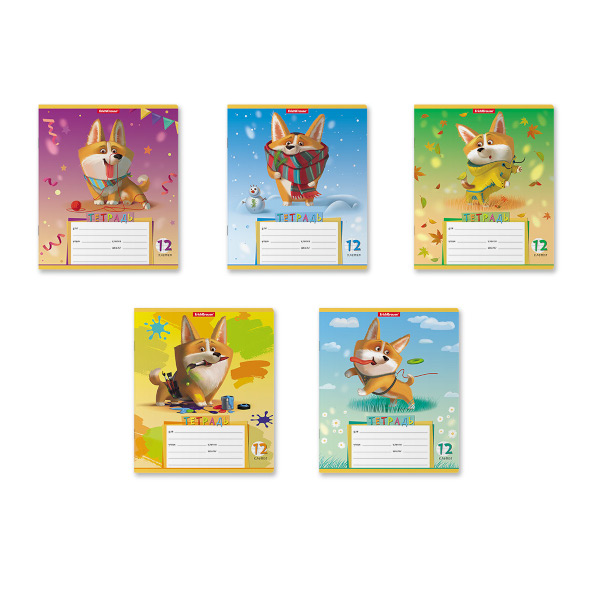 Тетрадь 12л А5+ клетка "Корги" картон, ассорти 51407 Erich Krause