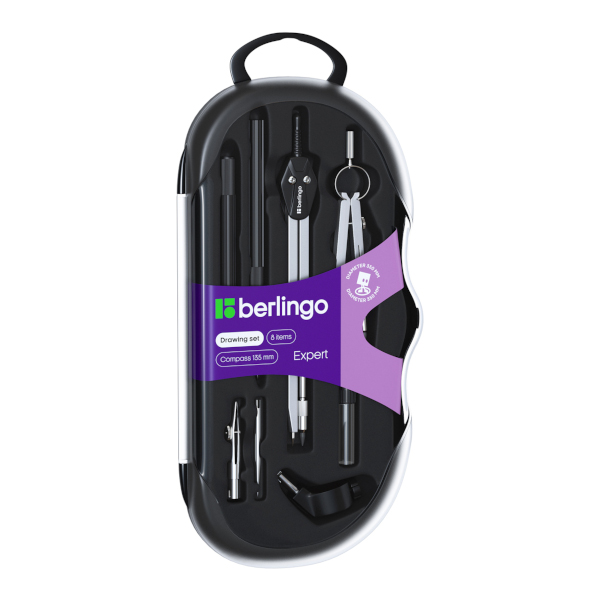 Готовальня Berlingo "Expert" 8 предм., метал. циркуль 135мм, пласт. футляр, черный 231680