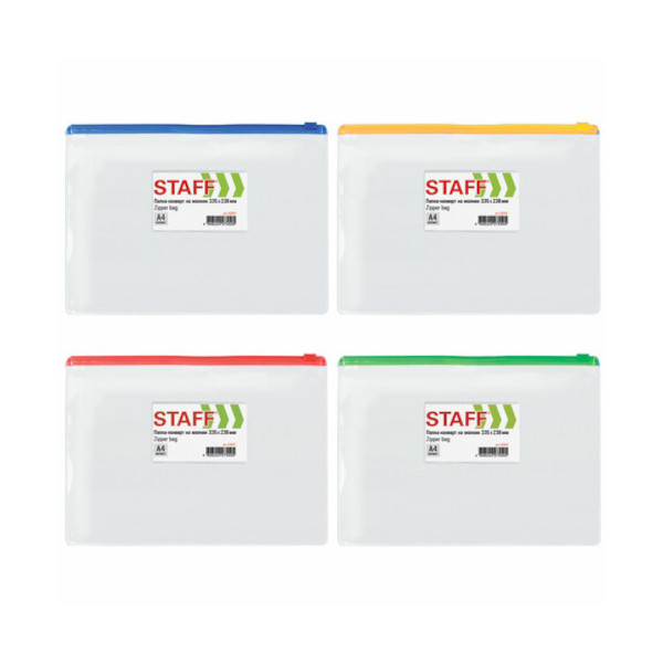 Папка на молнии "ZIP" А4, пластик, 120мкм, прозрач. ассорти 229547 Staff
