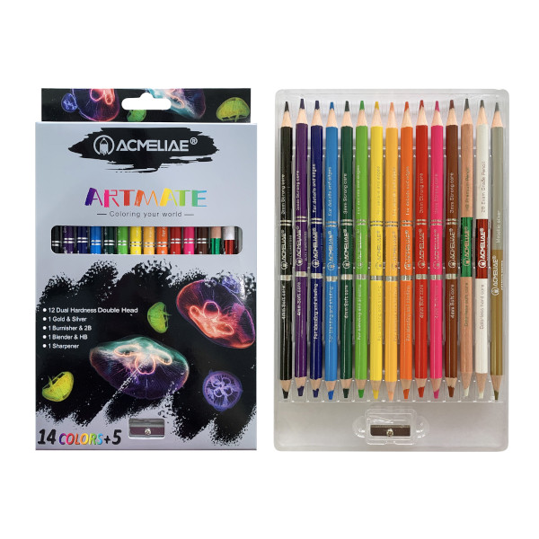 Карандаши двустор. 12цв+3шт, дерево, круглые "Artmate" точилка, карт.уп. 43978 Acmeliae