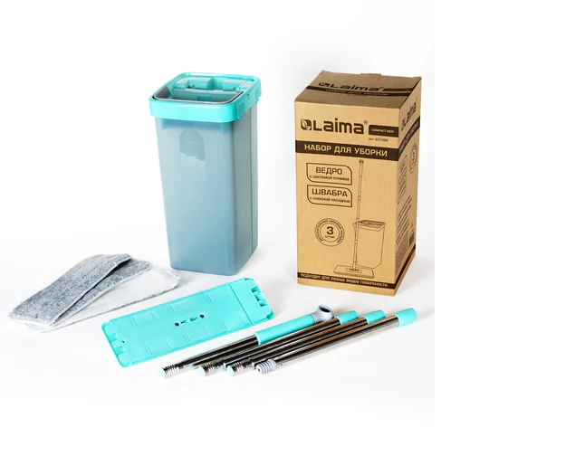 Швабра с отжимом и ведром 9л/7л двухкамерное, 3 насадки из микрофибры, рукоятка 130см, бирюзовый, Compact Mop, LAIMA, 607389