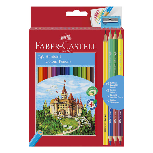 Карандаши Faber-Castell "Замок" 36цв, 6-гран.,+3шт. 2-х цветные+1шт. ч/гр.+точилк. в карт.уп. 110336