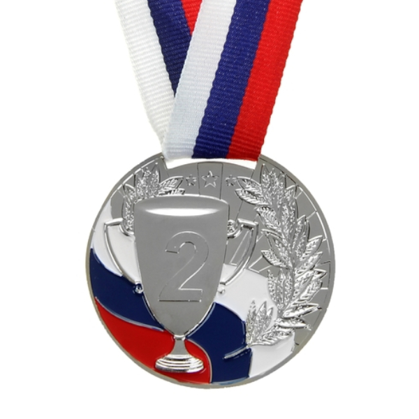 Медаль призовая "2 место" триколор, серебро, d=5см 890154
