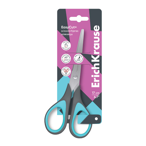 Ножницы для левшей 17см Erich Krause "EasyCut+" прорез., черный/голубой 60840