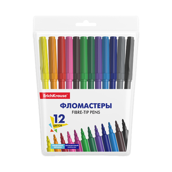 Фломастеры Erich Krause "Basic" 12цв, смываемые, ПВХ-чехол, с европ. 53368