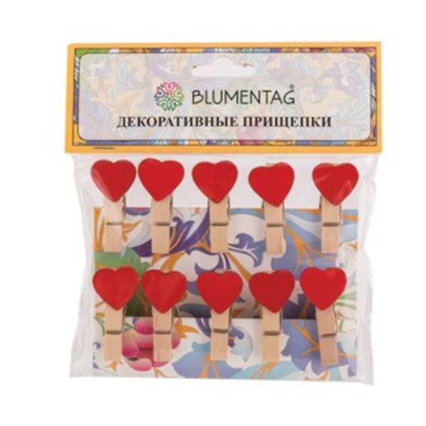 Декоративные прищепки "Сердечки красные" 10шт, 35мм деревянные WCLH-35 Blumentag упаковка
