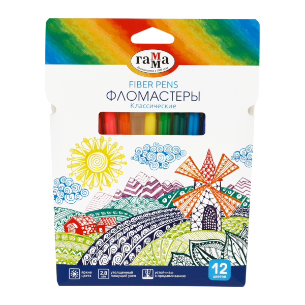 Фломастеры Гамма "Классические" 12цв, смываемые, картон. упаков., с европ. 130822_12