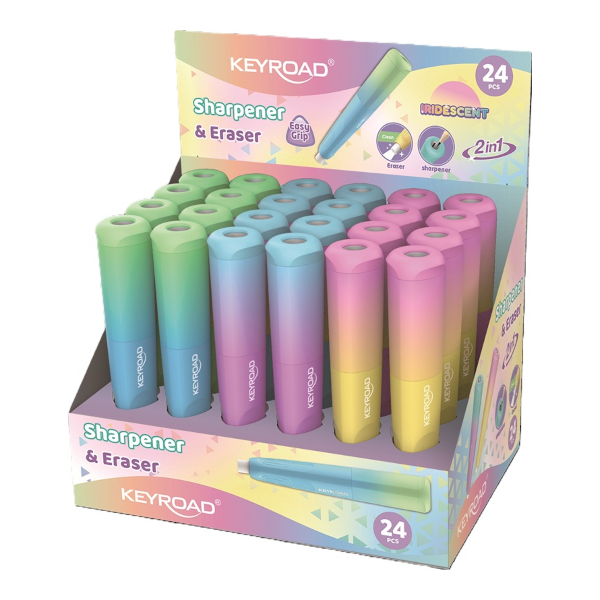 Точилка Keyroad "Iridescent" 1 отв., пластик, ластик, ассорти KR973399