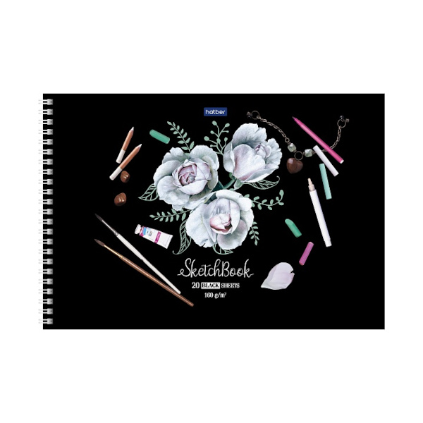 Скетчбук черные листы А4 20л, 160г/м2, гребень "Нежные цветы" 20А4Aгр_23425 Hatber