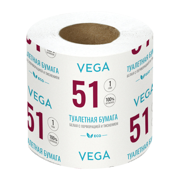 Бумага туалетная 1-слойная Vega 9см*51м, на втулке, белая 339244