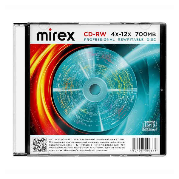 Диск CD-RW 700MB 4х-12х Mirex Brand (Slim case, 1шт) UL121002A8F/S