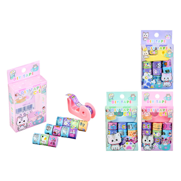 Набор клейких лент 10мм*2,5м "Котик" 12шт, диспенсер M-1555 MAZARI ТМ