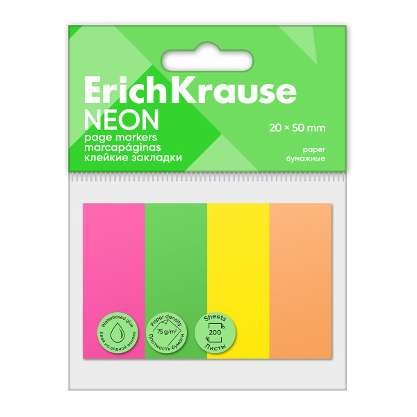 Набор самокл. закладок Erich Krause "Neon" 20*50мм бумага (4цв. по 50л) 61562
