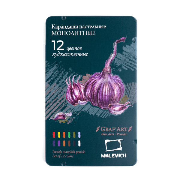 Карандаши монолитные 12цв, пастельные, 6-гран. "GrafArt" метал.уп. 810021 Малевичъ