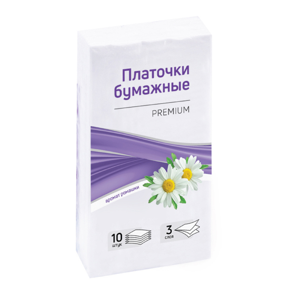 Платочки бумажные 3-слойные, 19*20см "Premium" ромашка 10шт/пач 328306 OfficeClean