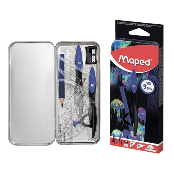 Готовальня Maped "DeepSea" 9 предм., метал. циркуль, метал. футляр, черный/синий 981834