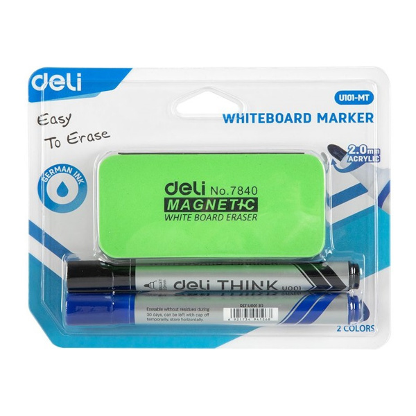 Набор маркеров для доски 2мм, спирт. осн., пулевид., ассорти 2шт, губка EU101-MT Deli