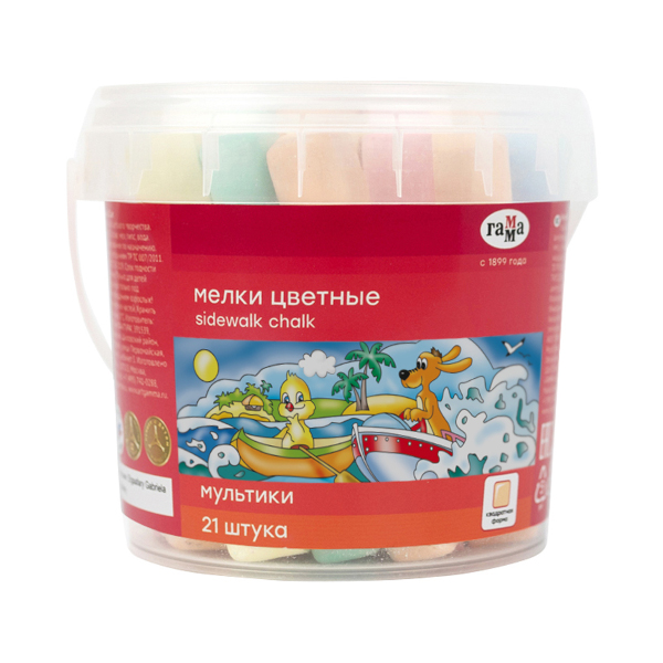 Мел цветной 6цв/21шт асфальтовый "Мультики" квадратный, пласт.ведро 1704195 ГАММА