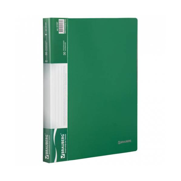 Папка 30 файлов А4, 20мм, 600мкм, карман корешок, зеленая "Стандарт" 221597 Brauberg