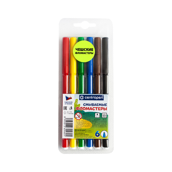 Фломастеры Centropen "Washable"  6цв смываемые, пластик.уп., с европ. 7 7790 0685