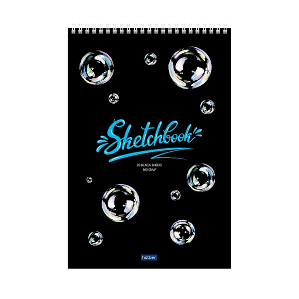 Блокнот SketchBook А4 20л Hatber Premium "Мыльные пузыри" черн 160гр, подлож., гребень 20А4Aгр_23479