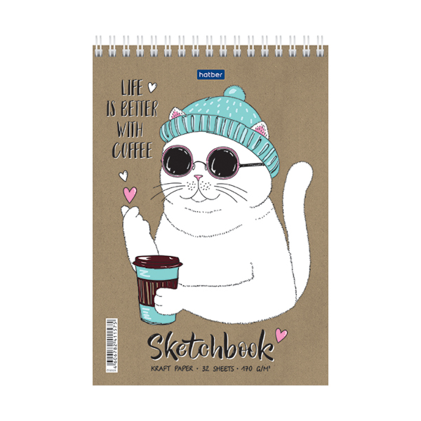 Блокнот SketchBook А5 32л Hatber Premium "Coffeecat" крафт 170гр, подлож, гребень 32Б5Aгр_26519