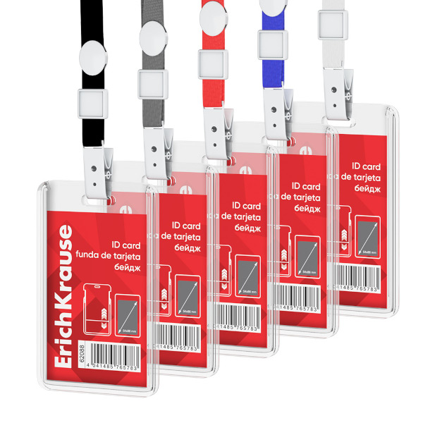 Бейдж 54*86мм вертикал., клип/шнур ассорти, пластик прозрач. 62088 Erich Krause (1шт)