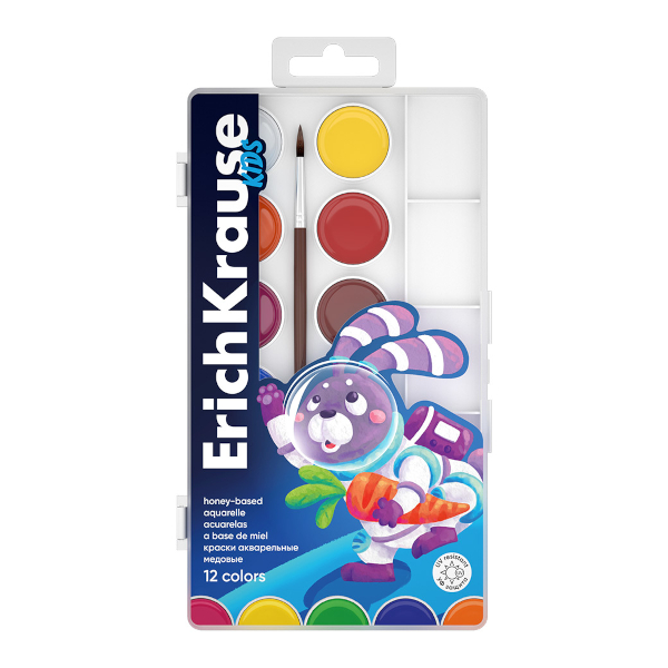 Акварель мед. Erich Krause "Kids Space Animals" 12цв., с кист., с палит., в пласт. уп. 61363