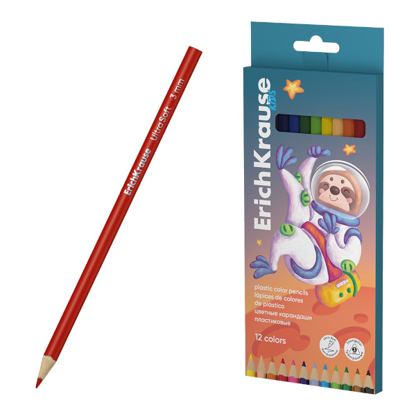 Карандаши 12цв, пластик, 3-гран. "Kids Space Animals. Ленивец" карт.уп. 61782 Erich Krause