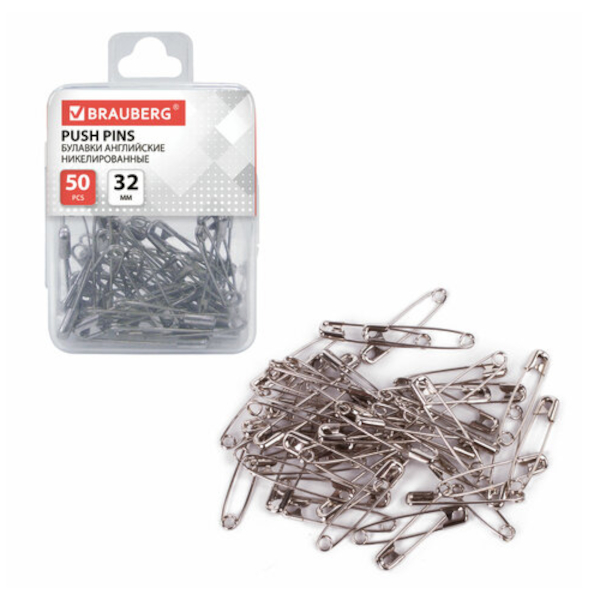 Булавки английские метал., 32мм, (1уп*50шт), никелированные 223970 Brauberg