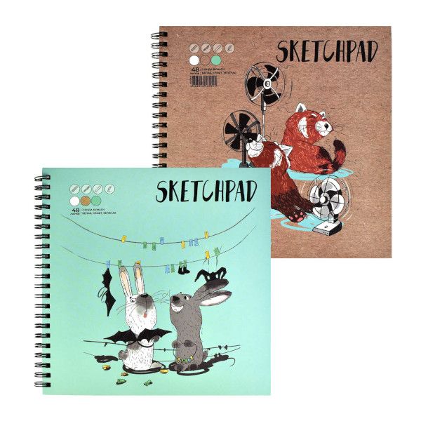 Скетчпад комбинир. 195*195мм 48л, бел/зел/крафт, 80/120г/м2, гребень "Забавные животные" перев 62826