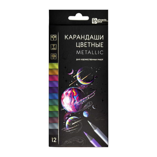 Карандаши Феникс+ "Металлик" 12цв, круглые, дерево 64099