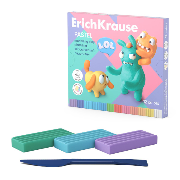 Пластилин Erich Krause "Kids Space Animals Pastel" 12цв, 216г, классич., со стеком 61352