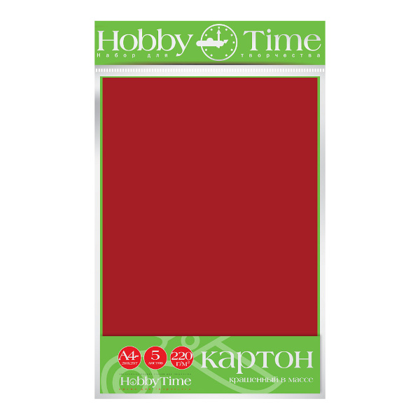 Картон цветной, крашенный в массе, А4, 5л, 220г/м2, бордовый 2-063/04 Hobby Time