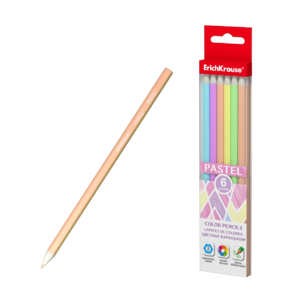 Карандаши 6цв, дерево, 6-гран. "Pastel" ПЭТ-бокс 56076 Erich Krause