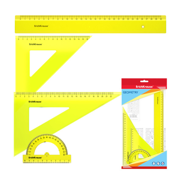 Геометрический набор 4предм.(линейка 30см, угольники 45° и 60°, транспортир) желт 49572 Erich Krause