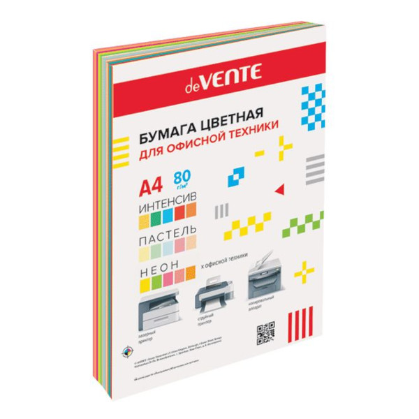 Бумага А4 75г/80г/60л (5цв интенсив., 5цв пастель, 5цв неон по 4л.) 2072260 deVENTE